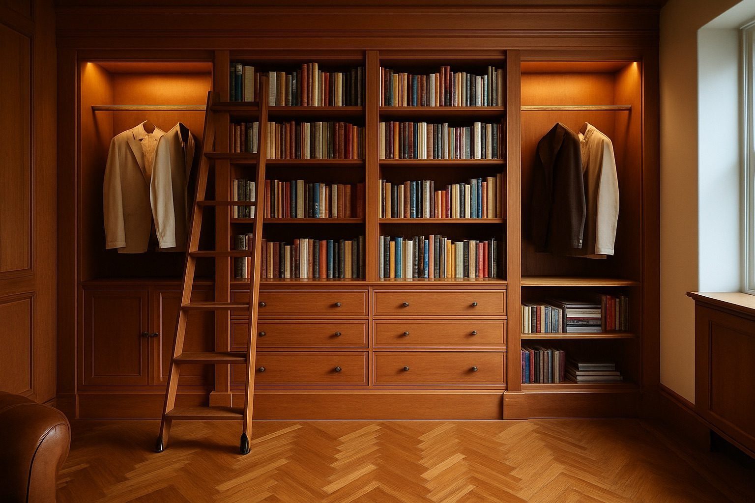 Built-in shelving with a library ladder